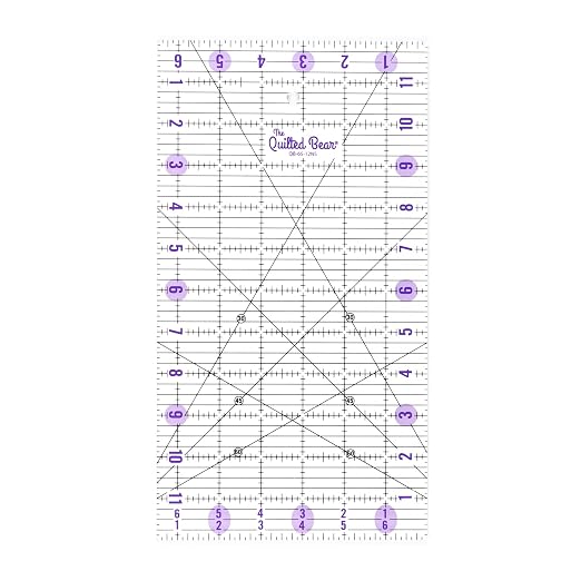 The Quilted Bear Rectangular Acrylic Quilting Ruler, 6.5" x 12" | Non-Slip, Precise Bold Lines, 30, 45 & 60 Degree Angles, 3mm Thick Transparent Acrylic, for Quilt Blocks, Sewing & Craft