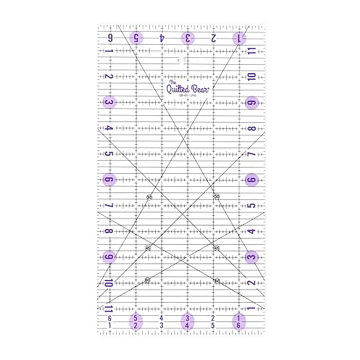 The Quilted Bear Rectangular Acrylic Quilting Ruler, 6.5" x 12" | Non-Slip, Precise Bold Lines, 30, 45 & 60 Degree Angles, 3mm Thick Transparent Acrylic, for Quilt Blocks, Sewing & Craft