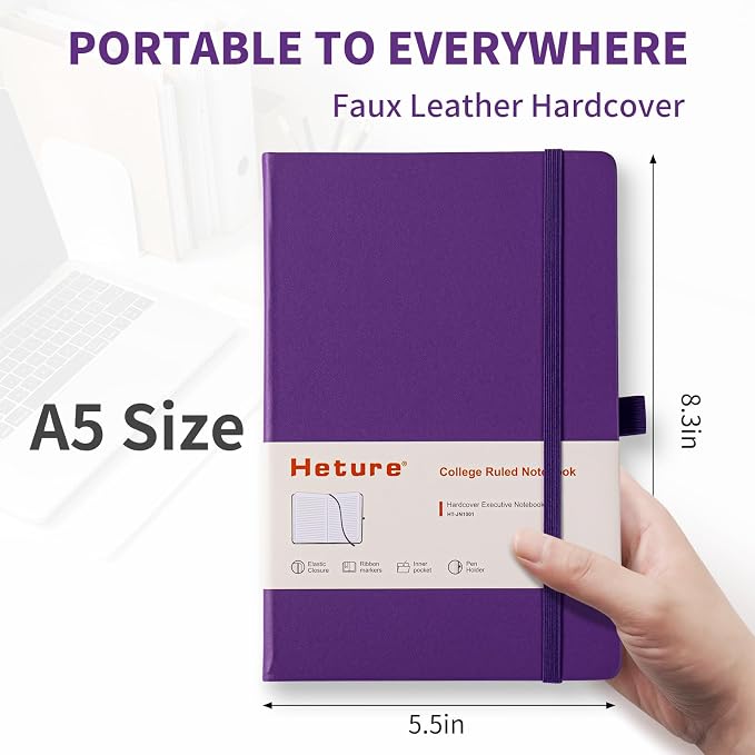 Heture Hardcover Journal Notebooks, A5 Lined Notebook for Writing and Work, 160 Pages 100 GSM Thick Paper, Ruled Notebooks Bulk with Elastic Closure, Hardcover Notebook for Work, School, Travel, Note Taking (Lavender Purple, 1 Pack)