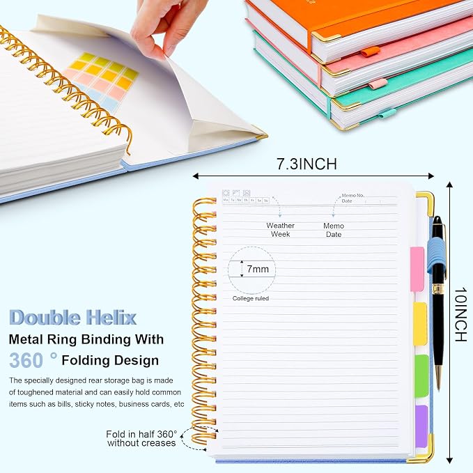 Hardcover Spiral Notebook 8"x10" Journal Notebook with Tabs and Removable Dividers 300 Pages 5 Subject Notebook College Ruled, Faux Leather Spiral Bound Notebook for Women School Work (Lake Blue)