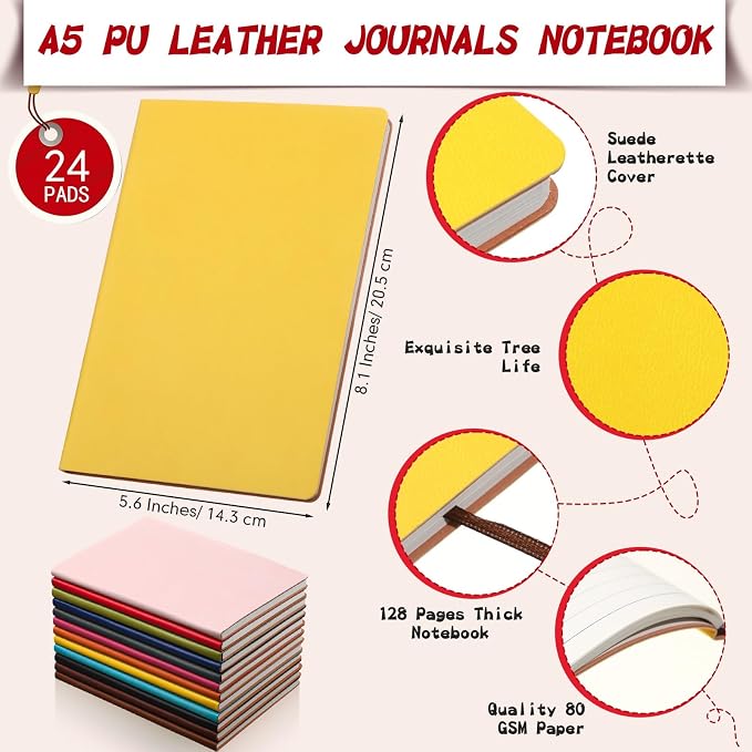 PerKoop 24 Pcs A5 PU Leather Journals for Laser Engraving, 8.1 x 5.6 Inch Lined Notebook Blanks 128 Pages, Lay Flat Ruled Writing Notebooks for DIY Crafting Office School Gifts (Bright Color)