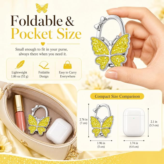 Purse Hook for Table, Foldable Handbag Hanger for Women, Portable Bag Holder with Non-Slip Base, Cute Sequin Yellow Butterfly Purse Table Hook for Restaurant Office Travel Gift