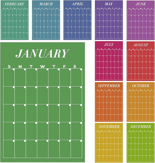 12 Pcs Colorful Undated Calendars 12‘'x16‘' Large Erasable Wall Calendar 12 Month Classroom Dry Ease Reusable Planning Colorful Yearly Blank Planner for Office Home Educational Study Room Class