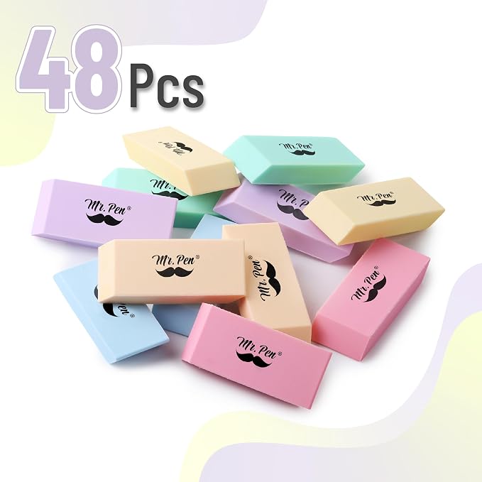 Mr. Pen- Pencil Eraser, 48 Pack, Pastel Colors | Large Latex Free Block Erasers Bulk for School, Office, Art Sketching, Homework, Exams, Clean Smudge-Free Correction