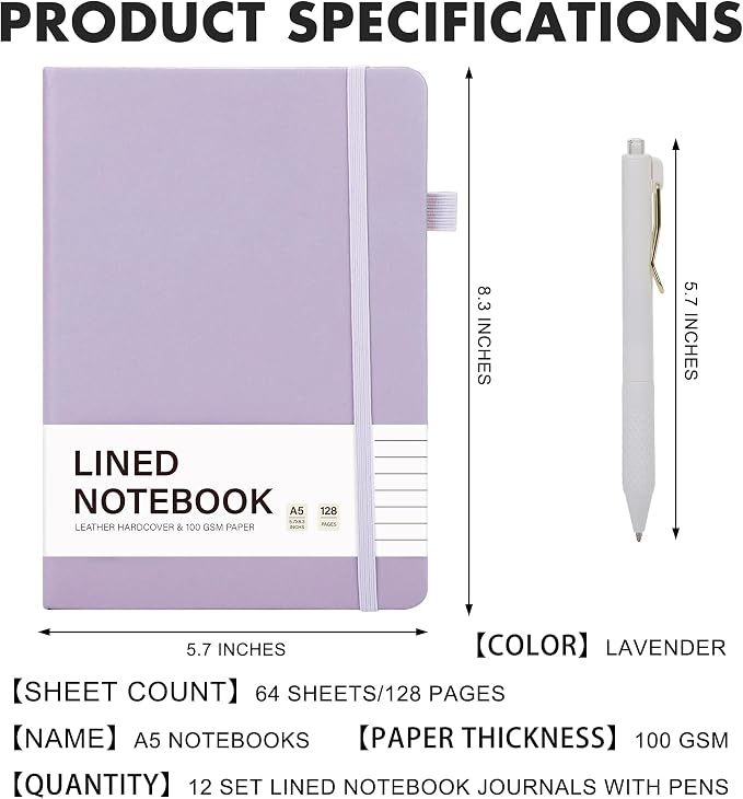 Aodaer 12 Set Lined Notebook Journals with Pens A5 Notebooks 100 GSM College Ruled Hardcover Notebook PU Leather Notepad with Pen Holder for Office School, 5.7 x 8.3 Inches, Lavender