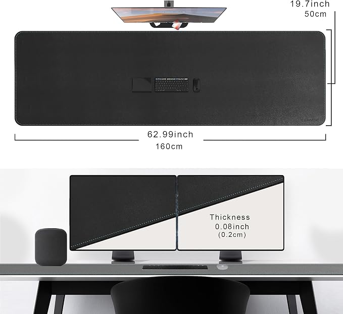 CENNBIE Leather Desk Mat Large, 63" x 19.6" Desk Pad Protector(Black) | Premium stitched edges resist wear. Easy to clean. Protects desk from spills, stains ,scratches. Smooth glide. Office & home.
