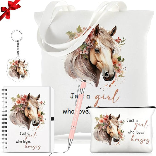 Kinlop 5 Pcs Horse Gifts for Women Include Just a Girl Who Loves Horses Tote Bag Canvas Cosmetic Bag Coil Notebook Keychain and Ballpoint Pen for Women Girls