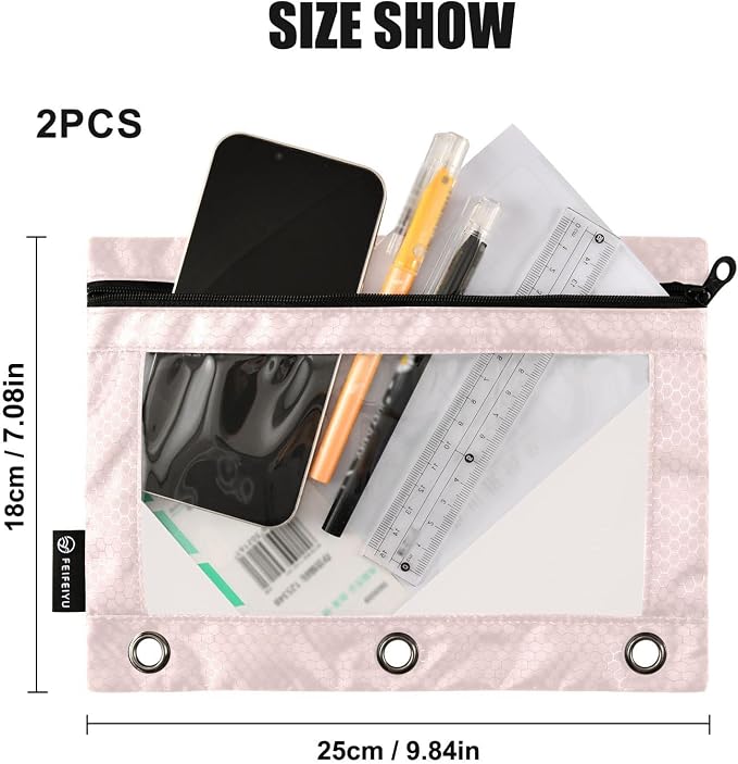 Gredecor Binder Pencil Pouch 3 Ring Misty Rose Zipper Pencil Pouches Case 2 Pack Clear Binder Organizer for School Office
