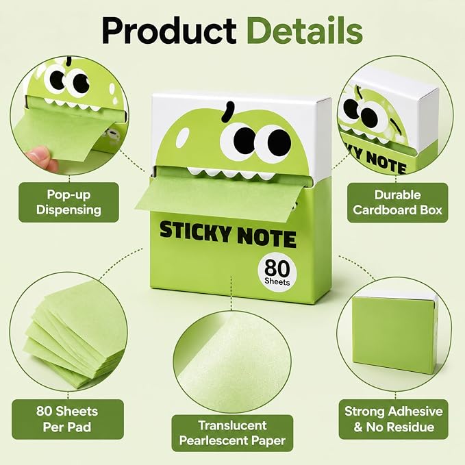 Cute Fruit Monster Pop Up Sticky Notes, Transparent Sticky Notes，3 Box-B | Reusable Office Stationery with Strong Adhesion, No Residue, 50 Reuses Per Sheet, Fun Desk Essential for Office & Study