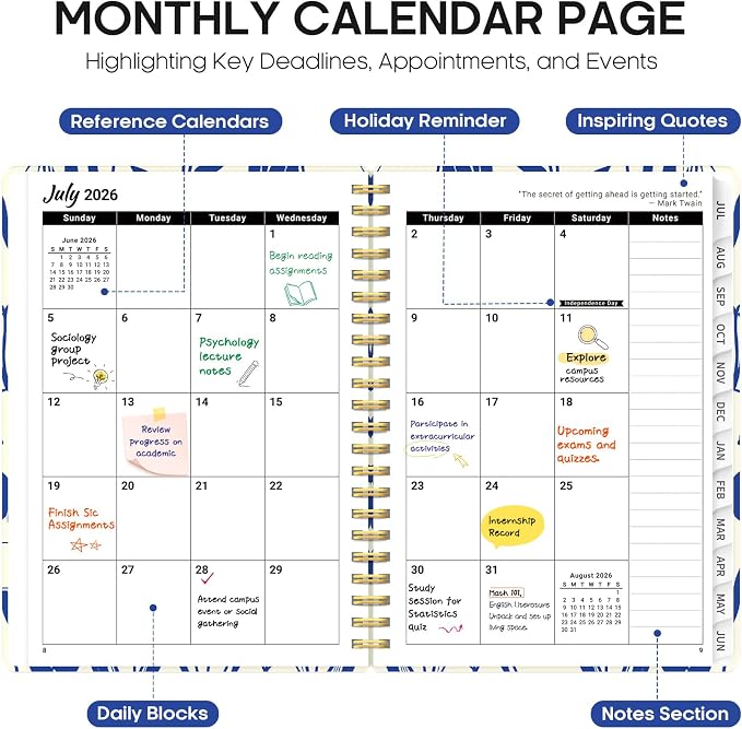 Planner 2026-2027, Academic Year Weekly and Monthly Calender Planner, from Jul 2026 - Jun 2027, Spiral Bound School Planning Book, Perfect for Teacher, Student, Women & Men, A5 (6.3" x 8.5"), Indigo Tulips