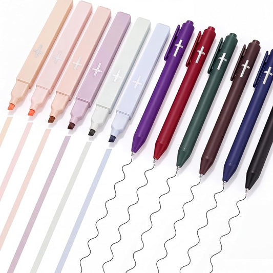 12 Pcs Cross Gel Pens and Highlighters Set 6 Gel Pens 0.5mm 6 No Bleed Highlighters Bible Study Pen and Highlighter for Journaling Church Supplies Christian Stationery (Black,Pastel)
