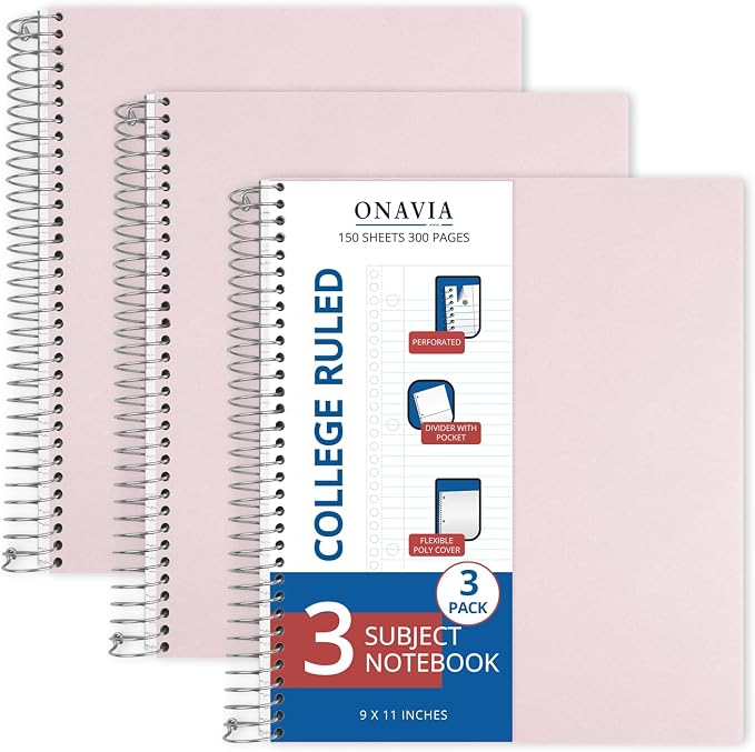 ONAVIA Pink 3 Subject Spiral Notebook College Ruled 3 Pack, 300 Pages | 150 Sheets, 9 x 11 in, 6 Pack Waterproof Plastic Cover, Durable, School Notebooks, Homework, Test Prep