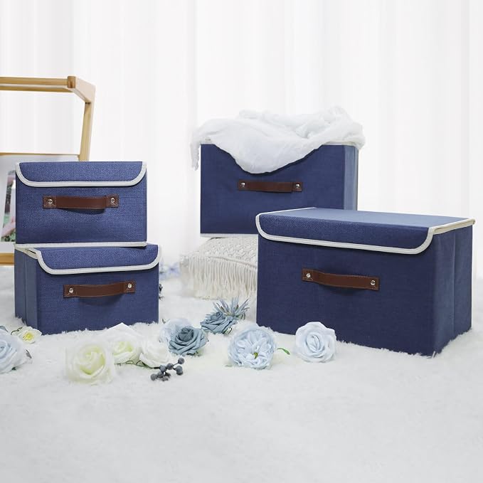 ANMINY 4PCS Storage Bin with Lid Storage Boxes with PU Leather Handles PP Plastic Board Decorative Foldable Lidded Cotton Linen Fabric Home Cubes Baskets Closet Organizer Container - Blue, Medium