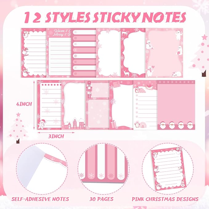 Chiisong 12 Pcs Christmas Sticky Notes Pink Christmas Notepad Santa Snowflake Snowman Self Adhesive Memo Pads Xmas Gift Cute Decorative Notepad Winter Party Favor for Office Winter Holiday Gift