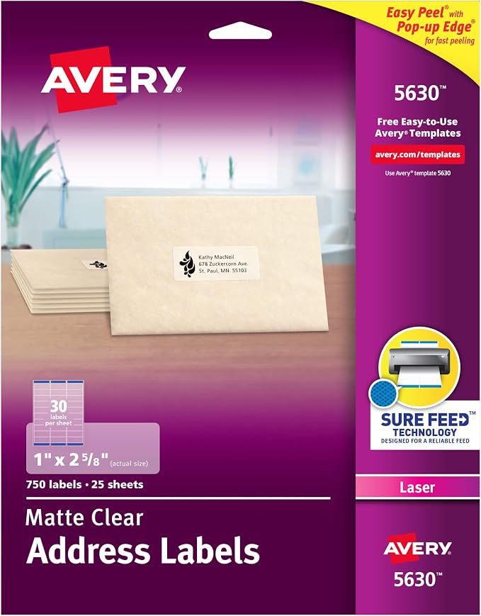 Avery Printable Address Labels, Sure Feed Technology, 1" x 2-5/8", Matte Clear, 750 Blank Mailing Labels (05630)