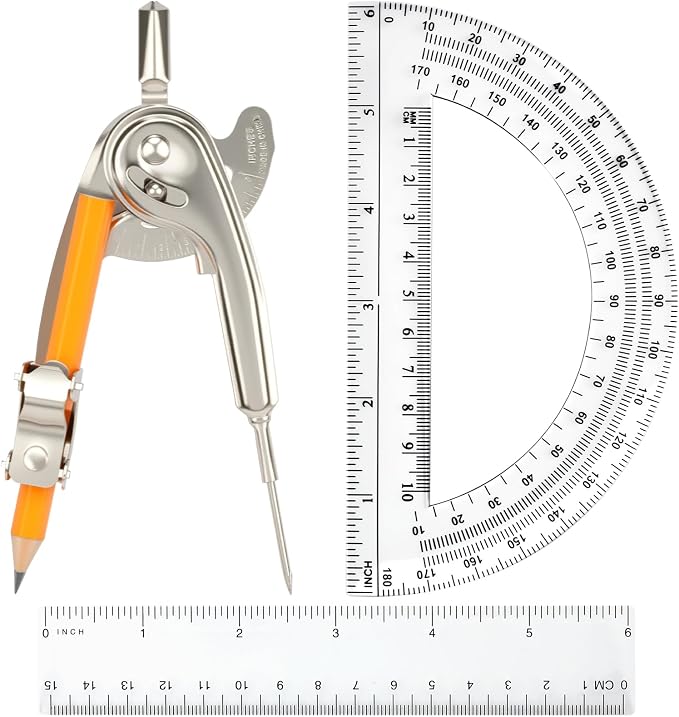 4 Pieces Geometry Math Set Compass for Geometry Math Compass and Protractor Set Include Metal Compass with Pencil Plastic Ruler and Protractor for Student School Office Woodworking Drawing Tools
