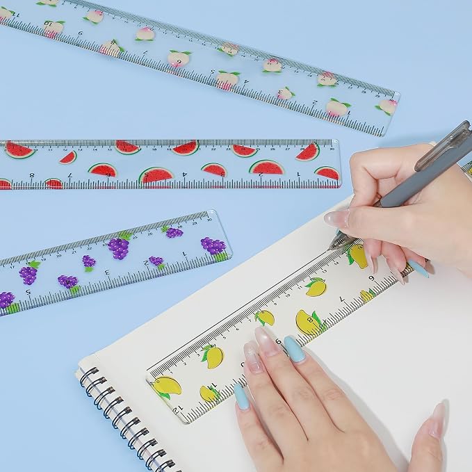 BAYTORY 4Pcs Transparent Acrylic Ruler 12 Inch, Plastic Straight Rulers | Shatterproof Student Stationery Centimeters with Inches, for Classroom Essentials School Supplies (Fruit 12 Inch)
