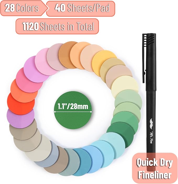 Mr. Pen- Round Transparent Sticky Notes, 1.1” Diameter, 28 Pads | 1120 Sheets, Colorful, Water-Resistant See-Through Sticky Notes Bulk & Fineliner, Smooth Writing