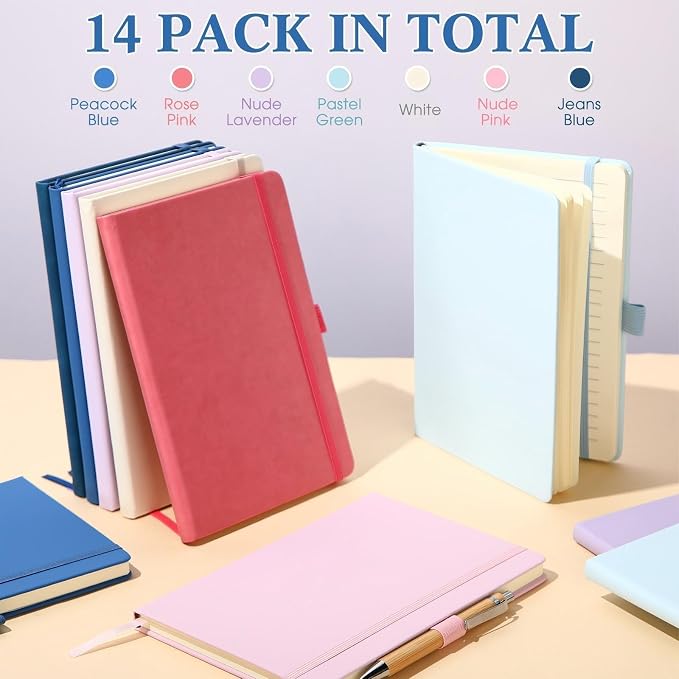 Laumoi 14 Pack Hardcover Journal Notebooks Bulk A5/A4/B5 Journaling Notebook Wide Ruled PU Leather Ruled Lined Journals with Pen Holder for School Business Work Writing (Fresh Color,A5)