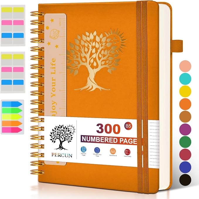 PERCUN B5 Spiral Notebook 300 Numbered Lined Pages Hardcover Journal 7"x10" | College Ruled Spiral Bound Notebook with Tabs, Large Leather Journal for Women Men, Work, School, Travel,Writing,Note Taking