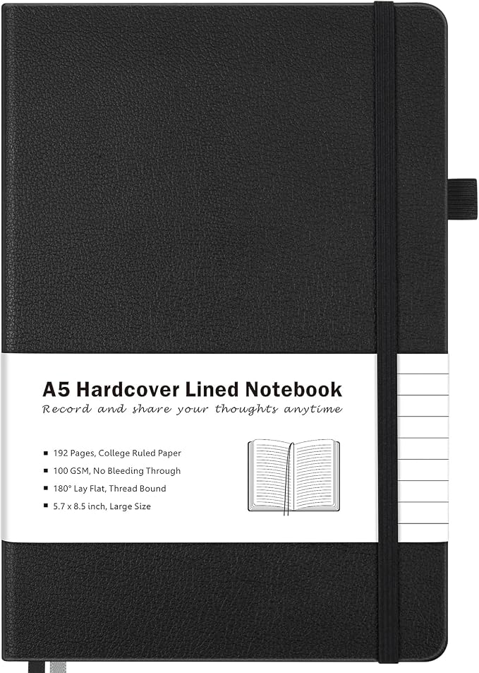 College Ruled Notebook, Hardcover Leather Journal for Women Men, A5, Lined | No Bleed Thick Paper for Smooth Writing, Lay Flat, A5 Portable Size for Work, School, and Travel, Professional Business Style