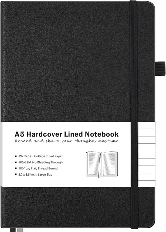 College Ruled Notebook, Hardcover Leather Journal for Women Men, A5, Lined | No Bleed Thick Paper for Smooth Writing, Lay Flat, A5 Portable Size for Work, School, and Travel, Professional Business Style