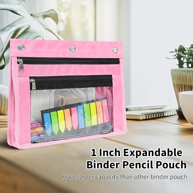 YoeeJob 2 Pack 1 Inch Expandable Zipper Pencil Pouches with Clear Window for 3 Ring Binder, Suitable for School & Office (Grey+Pink)
