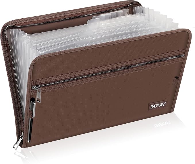 ENGPOW Expanding File Folder,Fireproof 13 Pockets Document Organizer Bag | Accordion File Organizer with Zipper＆Labels,Portable Home Travel Safe Storage for Important Files,Papers,Letter Size,Brown