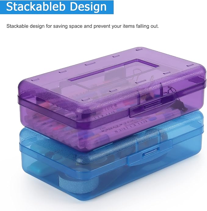 Tamaki 1 Pack Plastic Pencil Box Large Capacity, Purple | Clear Boxes with Snap-tight Lid Stackable Design and Stylish Office Supplies Storage Organizer