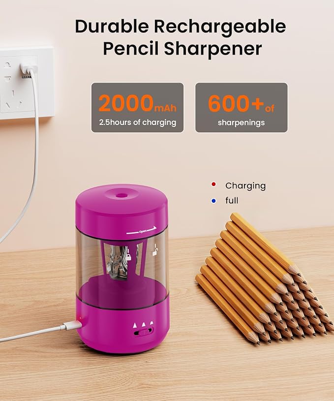 Electric Pencil Sharpener for Classroom, Fully Automatic Pencil Sharpener for 6-8mm & Colored Pencils, Auto in & Out Type-C Rechargeable Pencil Sharpeners for Home, School