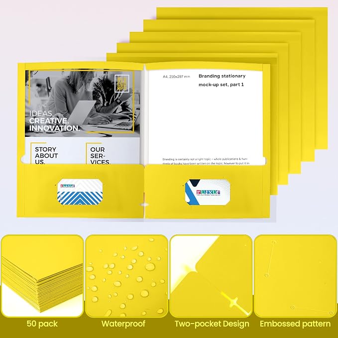 BIBRADAA® 50 Packs Yellow Folders,Paper Folder Surface with Waterproofing,Letter Size,Holds 100 Plus Sheets,for School,Office,Business. (50, Yellow)