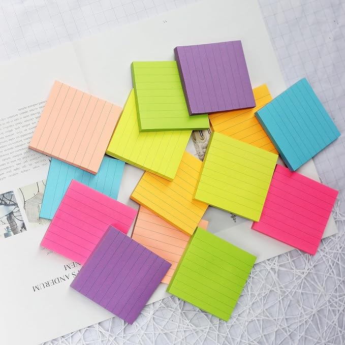 Early Buy Lined Sticky Notes 3x3, 6 Bright Colors, 6 Pads, 100 Sheets/Pad | 6 Bright Colored Lined Sticky Pads, Self-stick Repositionable Design, Great for lists, Memos, and Daily Organization
