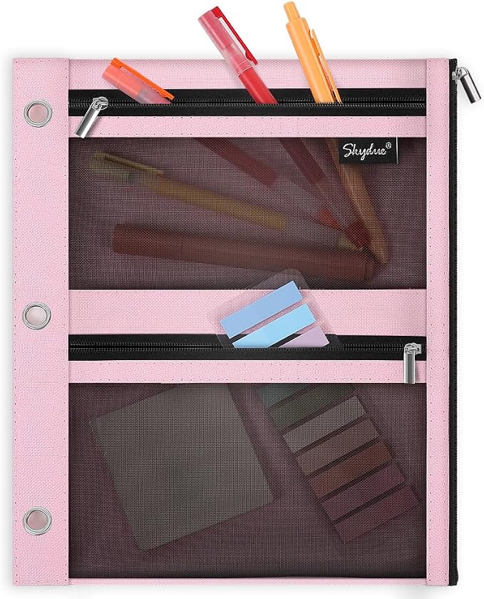 SKYDUE Pencil Pouch for Binder, Pencil Case, 3 Ring Binder Pencil Pouch with 3 Pockets and Mesh Window, Zipper Pencil Pouch, Durable Organizer for School Supplies, Cables, Earbuds, Makeup, Pink