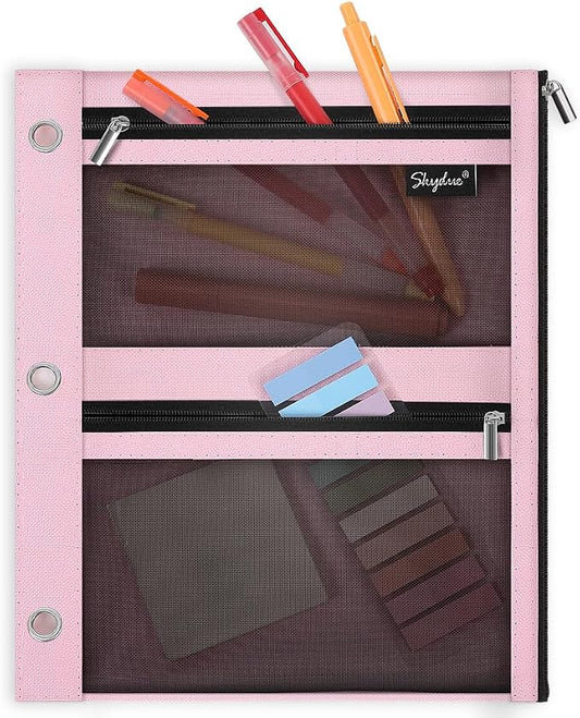 SKYDUE Pencil Pouch for Binder, Pencil Case, 3 Ring Binder Pencil Pouch with 3 Pockets and Mesh Window, Zipper Pencil Pouch, Durable Organizer for School Supplies, Cables, Earbuds, Makeup, Pink