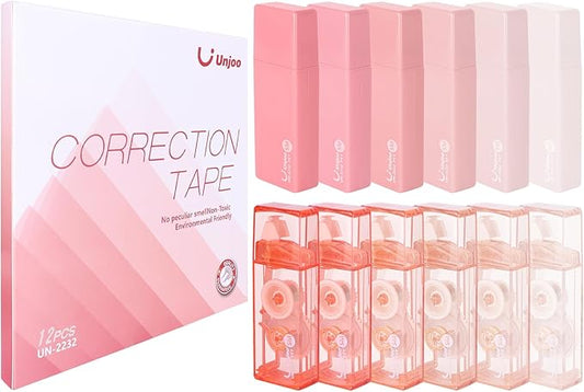 Unjoo Mini White Correction Tape Set (12pack, 5M/196" x 0.2", Pink) | Aesthetic Cute Correction Tape, Easy To Use, For school, Office Workers