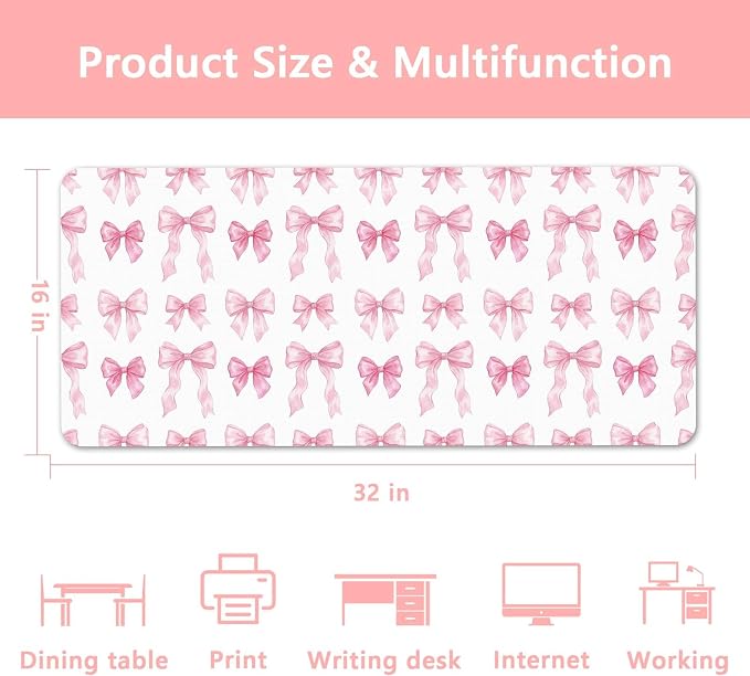 Britimes Pink Ribbon Bow Desk Mat Cute Girl Deak Pad Non-Slip PU Leather Large Keyboard Mouse Pad Office Desktop Accessories for Office,Work,Home Decor(31.5"X15.7")