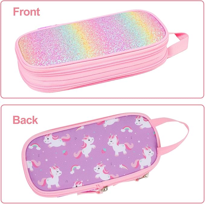 Bagseri Pencil Case for Girls - Expandable Cute Pencil Pouch for Kids Special Pencil Box Large Capacity Pencil Bag Organizer for School (Glitter Purple Unicorn)