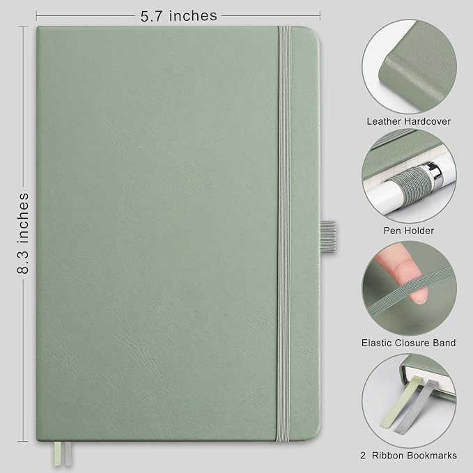 RETTACY Lined Journal Notebook, 192 Numbered Pages, A5 Size (5.7'' x 8.3'') | Leather Hardcover, 100 GSM Thick Paper, for Men & Women, Journaling, Writing, Work & Office (Sage Green)