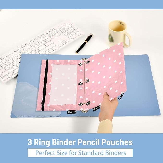 ALAZA Pencil Pouch for 3 Ring Binder, White Polk Dot Pink Binder Pencil Pouches with Clear Window Zipper Pencil Case Cosmetic Bags for Office College Supplies, 2PCS