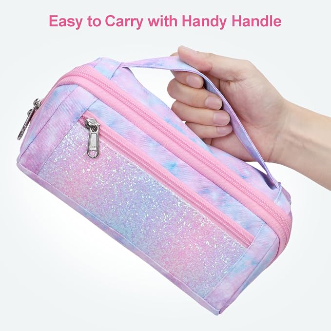 Large Pencil Case for Girls - Aesthetic Pencil Pouch for School | Kids Pencil Case & Wide Handle, Water Resistent Organizer Box,Fits 50 Pens & Markers, Daily Use, Pink Tie Die