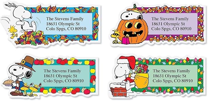 Colorful Images Holiday Peanuts Return Address Labels | Seasons of Fun, 144 Count, Self-Adhesive on Flat-Sheet Labels, Customize with Name & Shipping Address