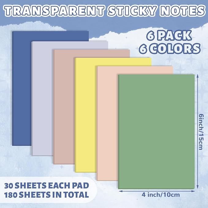 Yinder 4 x 6 Inch Transparent Sticky Notes Translucent Sticky Notes 180 Sheets Waterproof Clear Self Memo Pad See Through Back to School Bible Journaling Accessories Office School Supply(Macaron)
