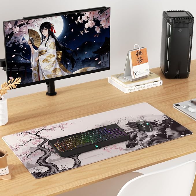 KTRIO Large Gaming Mouse Pad, Desk Mat, 31.5 x 15.7 in, Zen Sakura, XXL | Smooth Micro-Weave Surface, Artistic Pattern Design, Non-Slip Rubber Base, Durable Stitched Edges, Office & Home Use