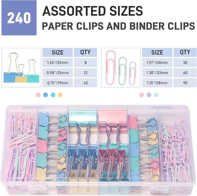 240PCS Colored Assorted Size Paper Clips and Binder Clips, Paperclips Large Medium Small, Binder Clip and Paper Clip Set for Home, School, and Office Supplies in a Container with Compartments