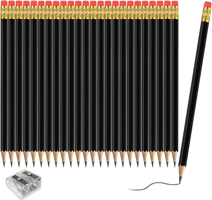 Adhere 25pcs Woodcase Pencils with Eraser Premium Pre-Sharpened Hexagon Graphite 2B pencils ideal for home, office writing including a Free Sharpener(Black・25pcs)