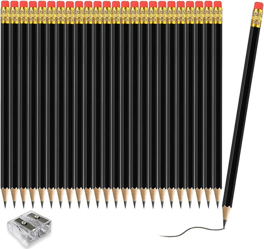 Adhere 25pcs Woodcase Pencils with Eraser Premium Pre-Sharpened Hexagon Graphite 2B pencils ideal for home, office writing including a Free Sharpener(Black・25pcs)