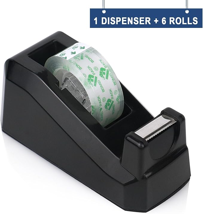 BOMEI PACK Tape Dispensers Desk, 1 Pack Black with 6Rolls Transparent Tape Refills, 1 Inch Core, for Gift Wrapping, School, Office and Home