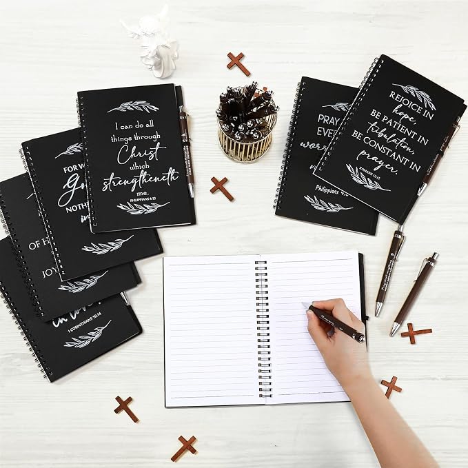 Kosiz 100 Pcs/ 50 Set Christian Gift Bulk A5 Spiral Notebook 5.5"x8.3" Christian Prayer Journal Bible Ballpoint Pen Religious Gift for Women Sunday School Church Member Back to School Gifts (Black)