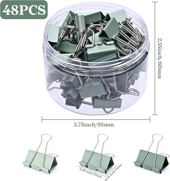 Temiary Aesthetic Binder Clips, Medium Metal Binder Clip with Clear Storage Container, Binding Paperwork Clamps for School Teachers Office Supplies (Green 0.98 Inch, 48P)