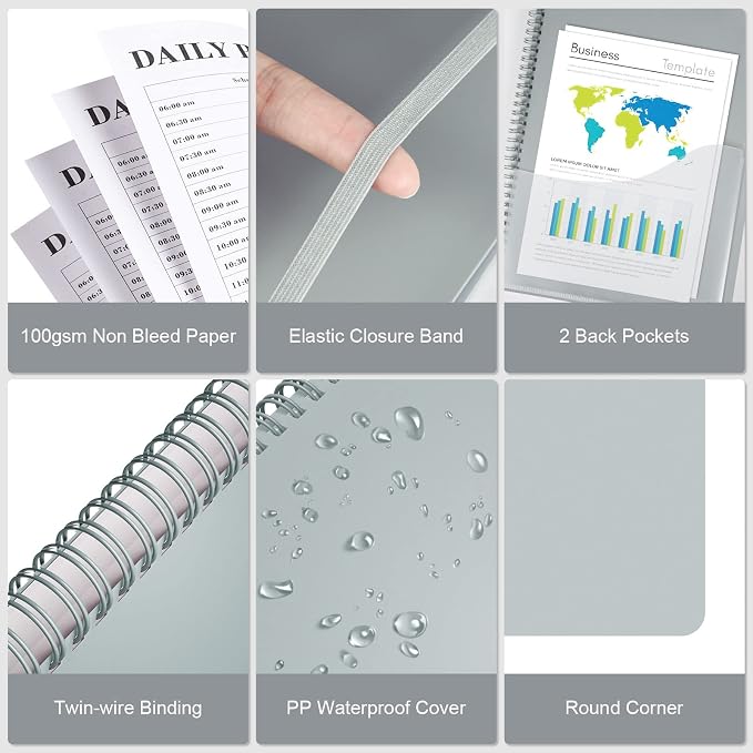 Planner Undated, Asten Daily Planner Agenda with to Do List, Hourly Schedules for Women and Men, Spiral Appointment Book with Elastic Closure, Inner Pocket 8.5" x 11" (Gray)
